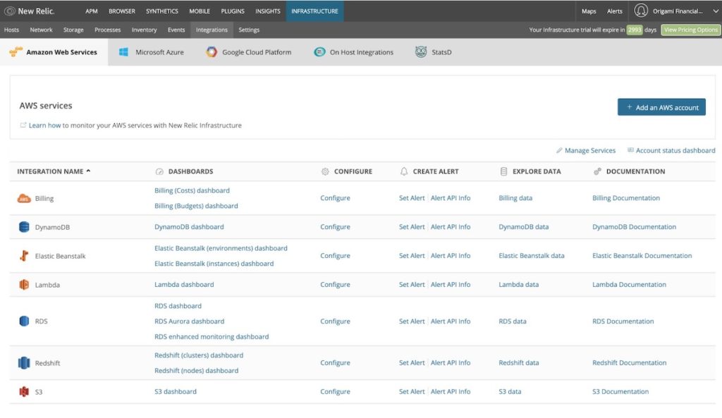 AWS integrations installed in New Relic Infrastructure.