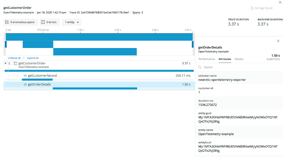 Viewing child spans and other contextual data for a Java application