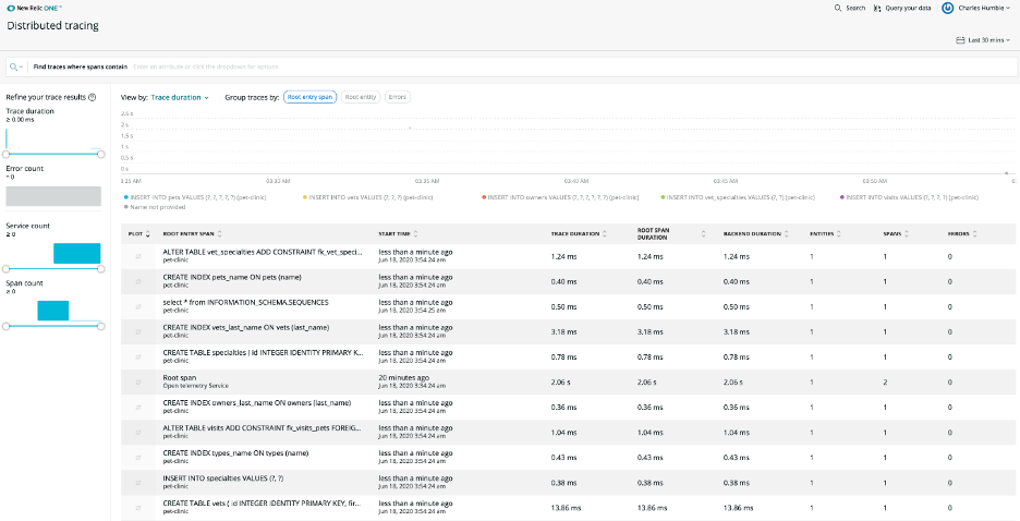 Viewing spans from a Java application in New Relic